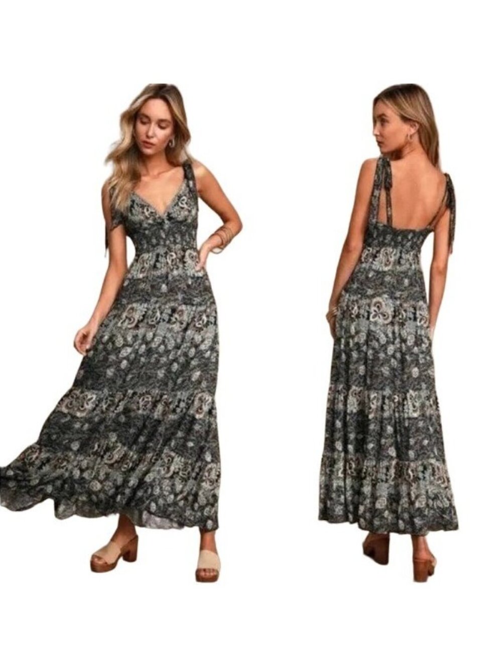 Free People Let's Smock About It Black Paisley Maxi Dress